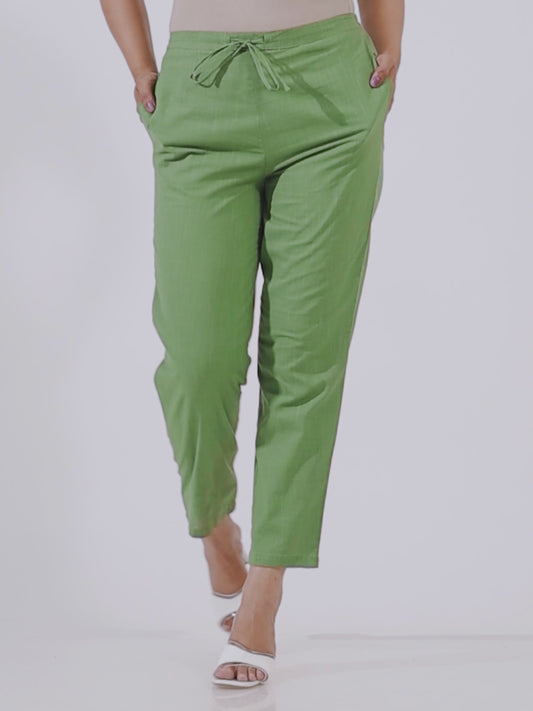 Natural Cotton Solid Green Tapered Trousers