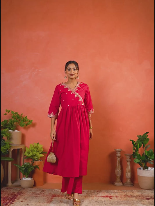 Embroidered Soft Cotton Solid Angrakha Red Kurta