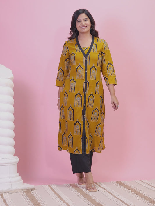 Soft Cotton Mughal Print A-line Yellow Kurta