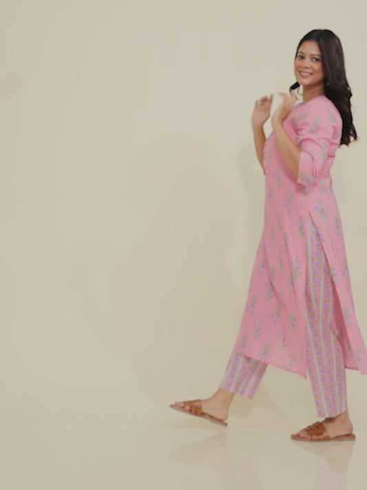 Soft Cotton Floral Straight Pink Kurta