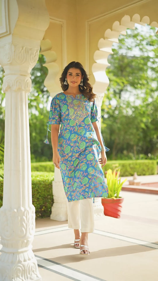 Embroidered Viscose Floral Straight Blue Kurta