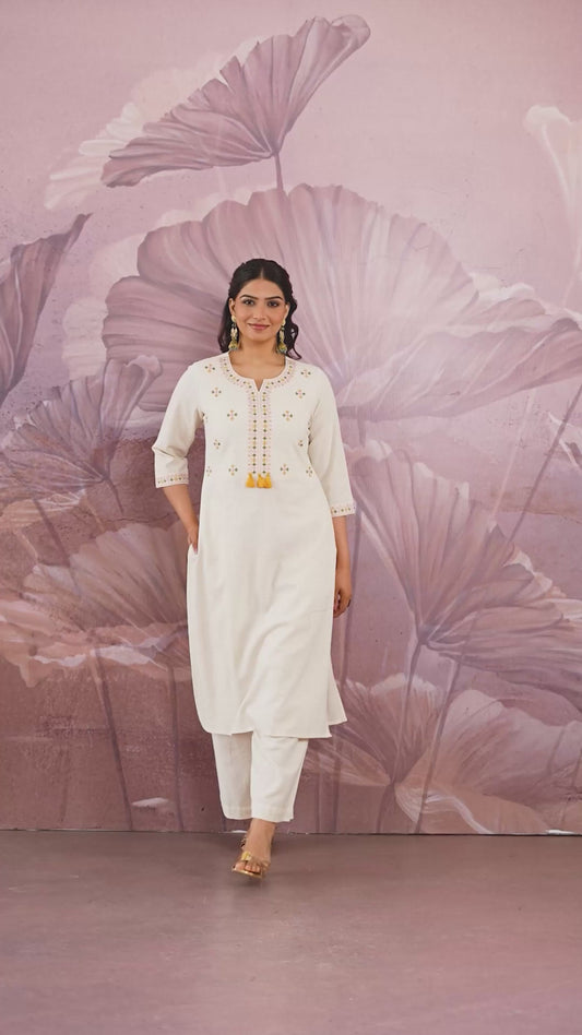Embroidered Linen Cotton Solid Straight Off White Kurta