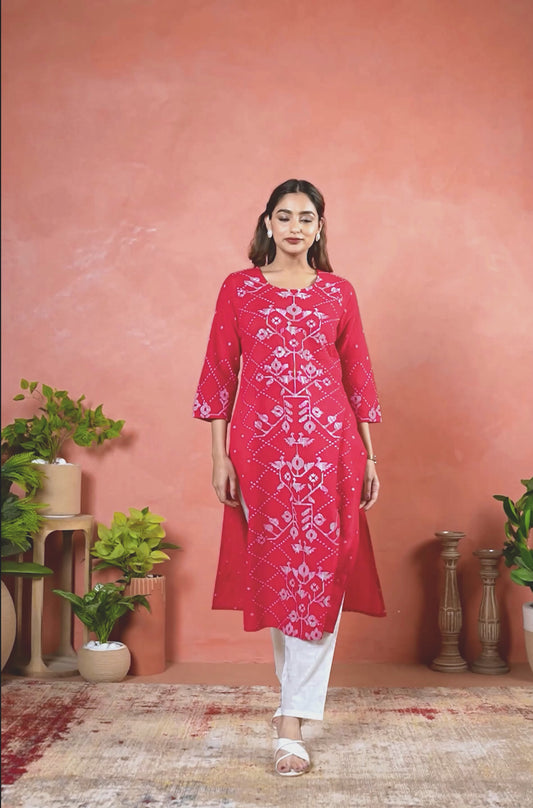 Soft Cotton Placement Print Straight Red Kurta