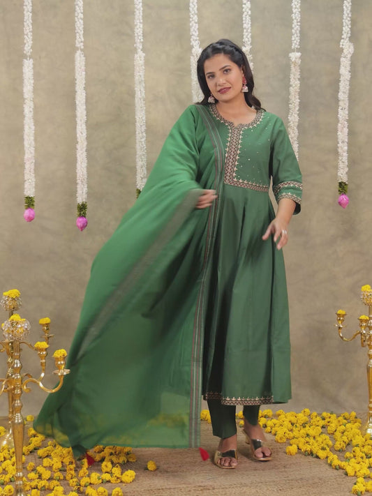 Embroidered Soft Cotton Solid Anarkali Green Kurta