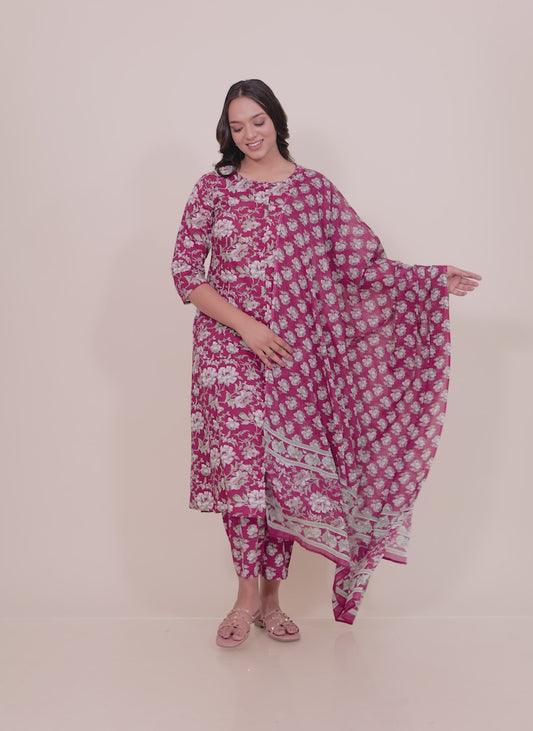 Soft Cotton Floral A-line Pink Kurta