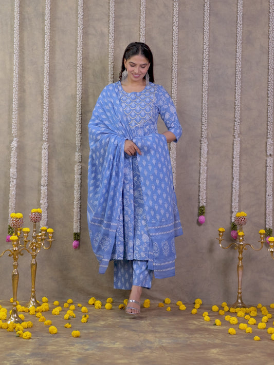 Embroidered Soft Cotton Floral Anarkali Blue Kurta