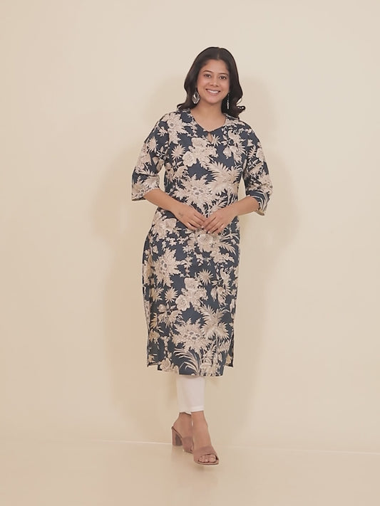 Soft Cotton Floral Straight Blue Kurta