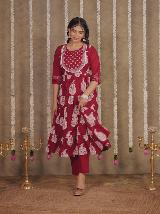 Embroidered Soft Cotton Block Print Anarkali Maroon Kurta