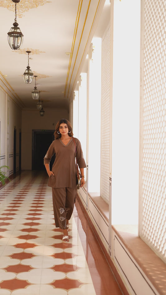 Embroidered Linen Cotton Solid Straight Brown Kurta