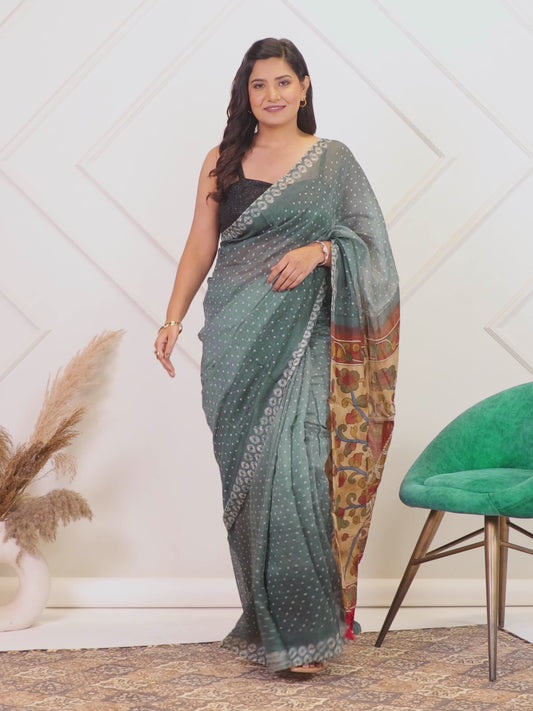 Cotton Silk Bandhani Teal Saree
