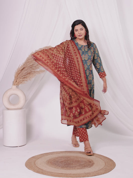Soft Cotton Floral A-line Green Kurta