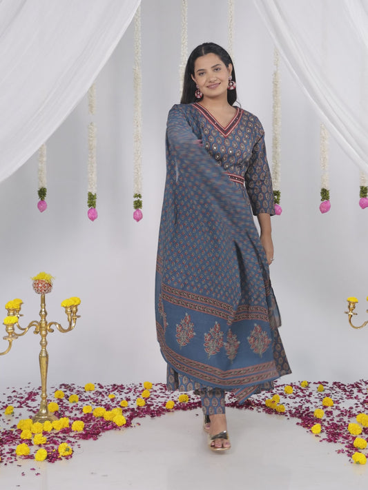 Embroidered Soft Cotton Ajrakh Flared Blue Kurta