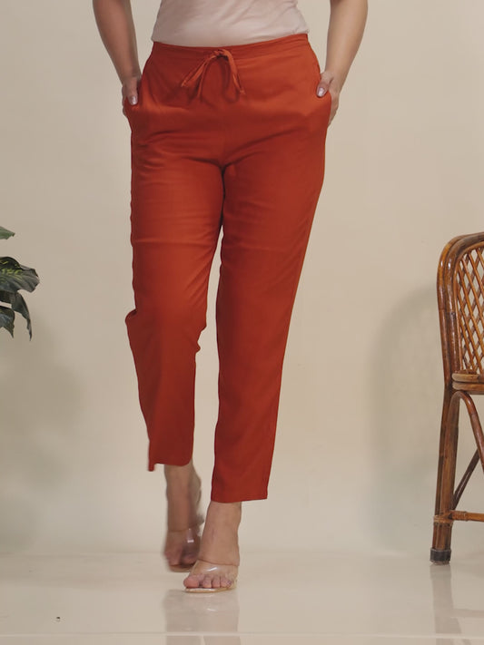 Viscose Solid Orange Tapered Trousers
