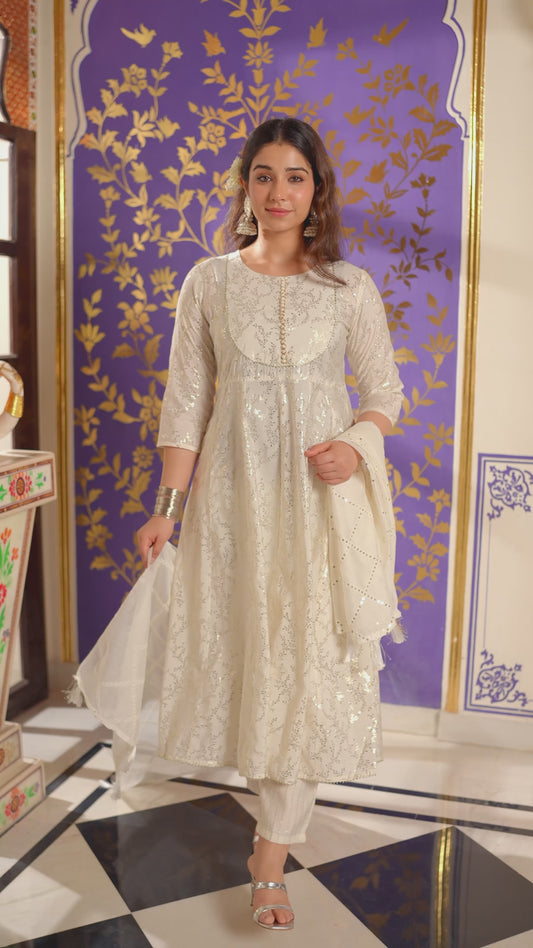 Chanderi Gold foil Anarkali Off White Kurta