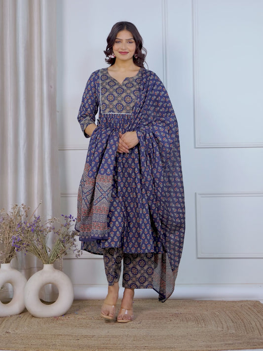 Embroidered Soft Cotton Ajrakh A-line Blue Kurta