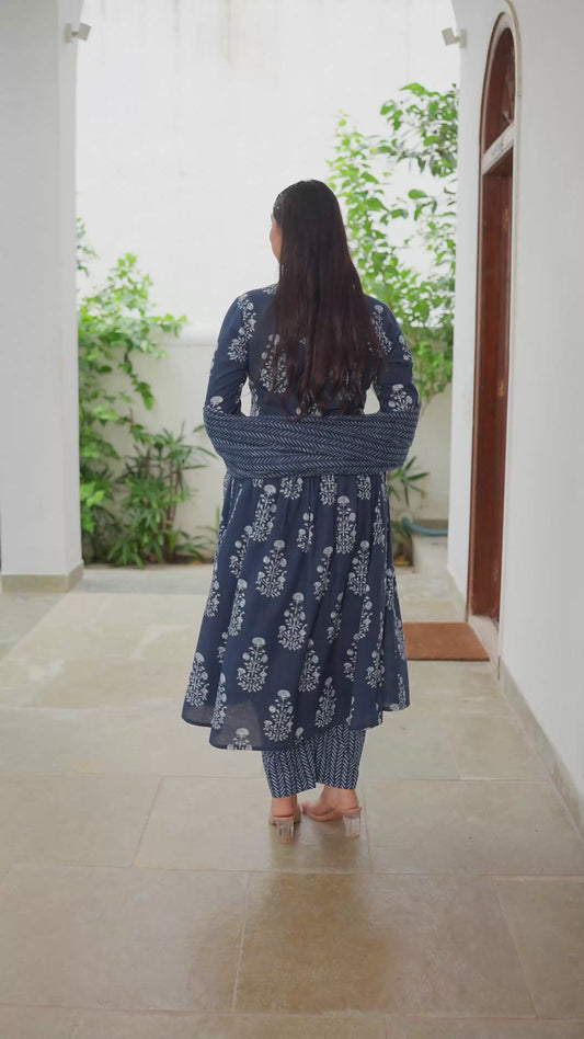 Soft Cotton Floral Anarkali Indigo blue Kurta
