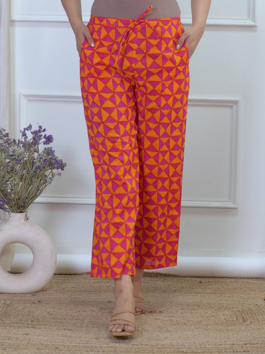 Soft Cotton Geometric Orange Trousers Straight Trousers