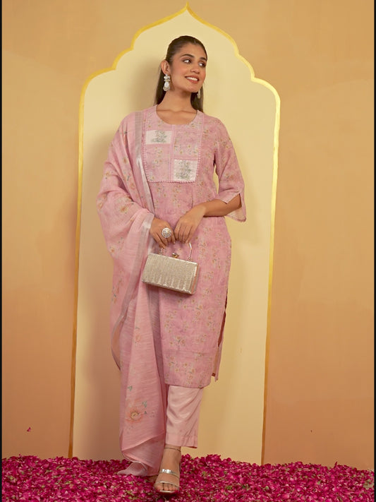 Chanderi Floral Straight Baby Pink Kurta
