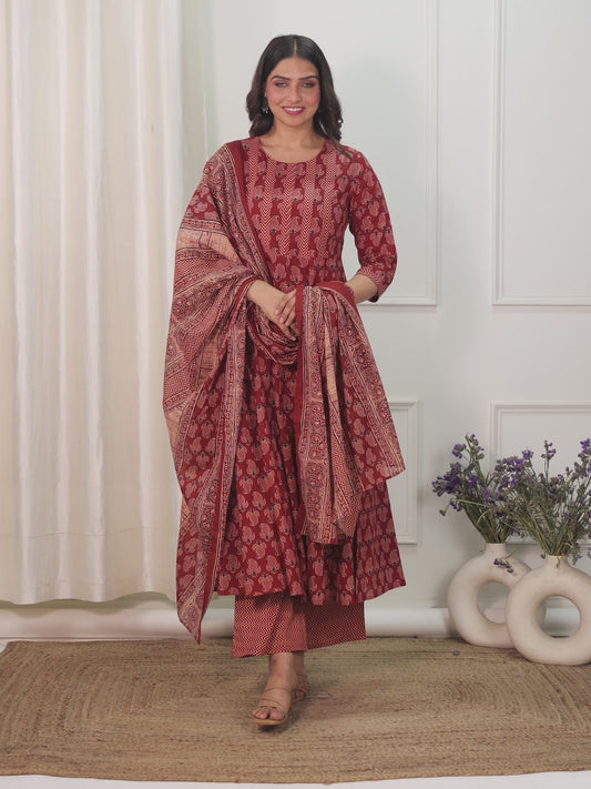 Soft Cotton Ajrakh Flared Red Kurta