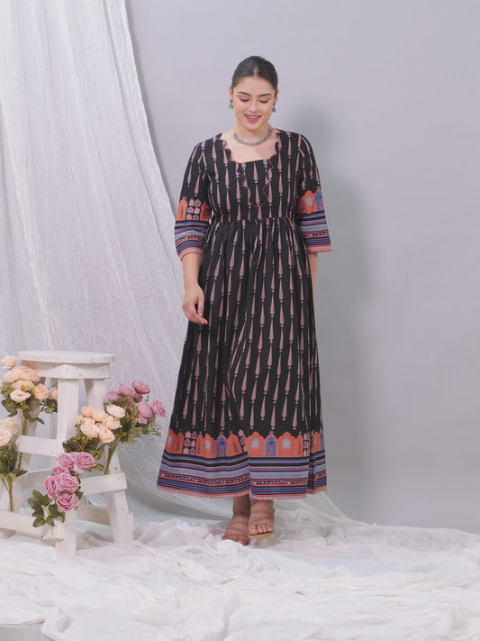 Embroidered Soft Cotton Mughal Print Flared Black Dress