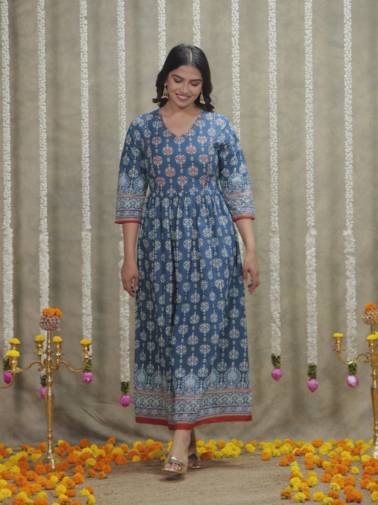 Soft Cotton Floral A-line Blue Kurta