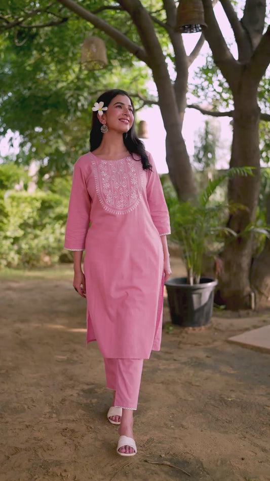 Embroidered Natural Cotton Solid Straight Pink Kurta