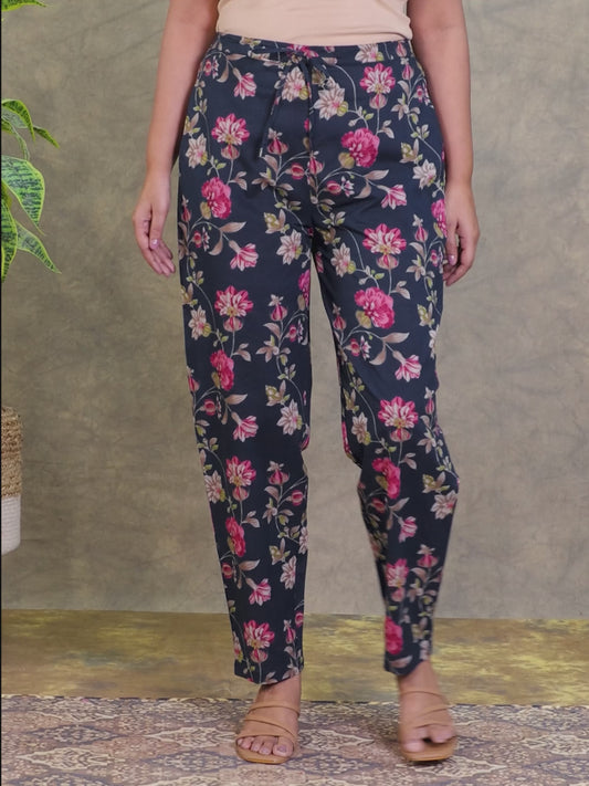 Soft Cotton Floral Blue Tapered Trousers