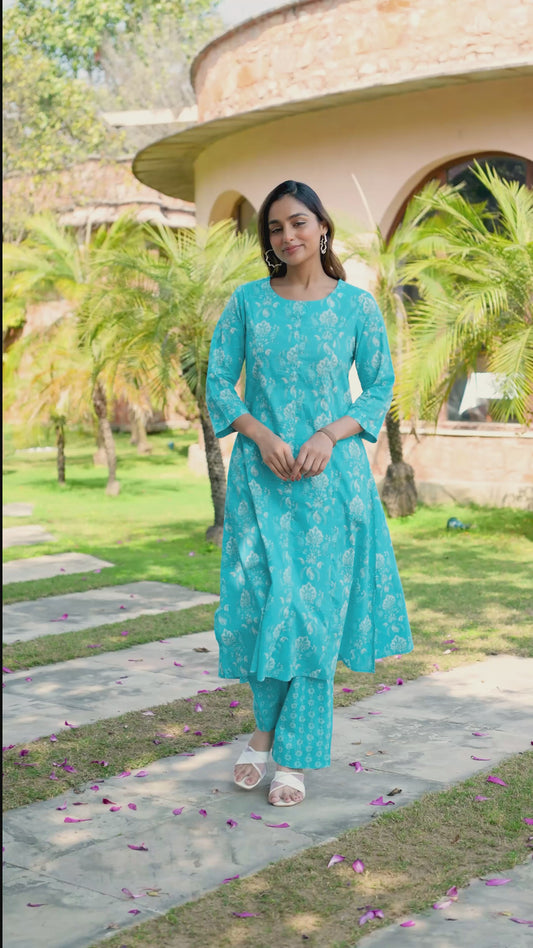 Soft Cotton Floral Flared Blue Kurta