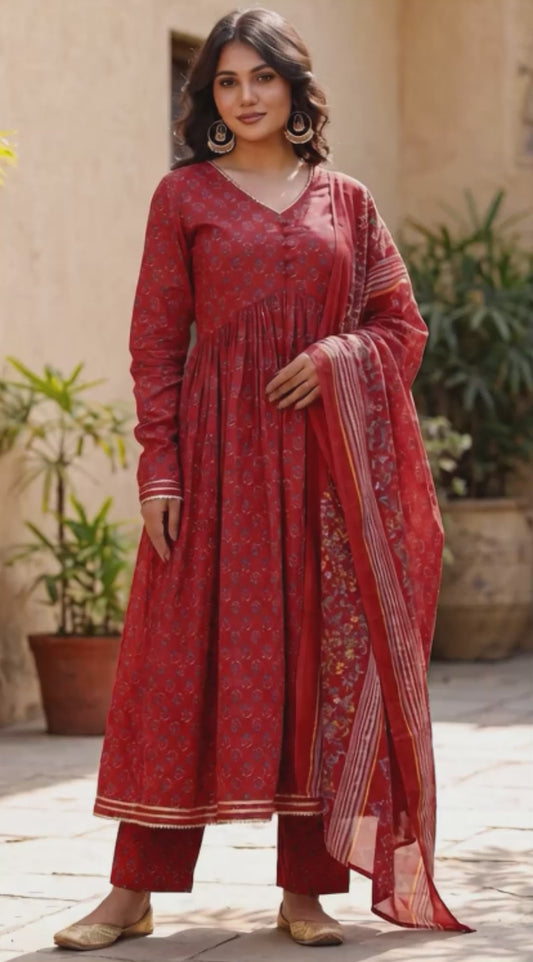 Soft cotton Butti Anarkali Red Kurta
