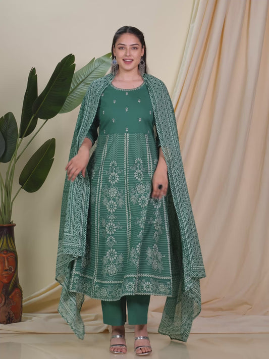 Embroidered Soft Cotton Bandhani Anarkali Green Kurta