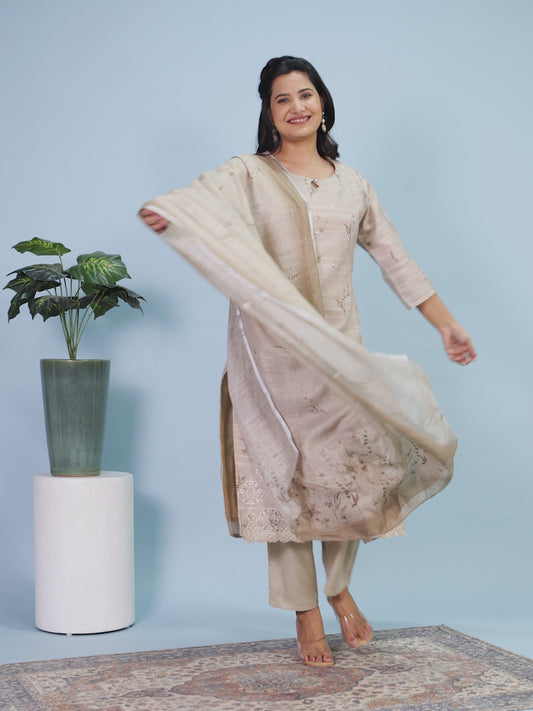 Chanderi Floral Panelled Beige Kurta