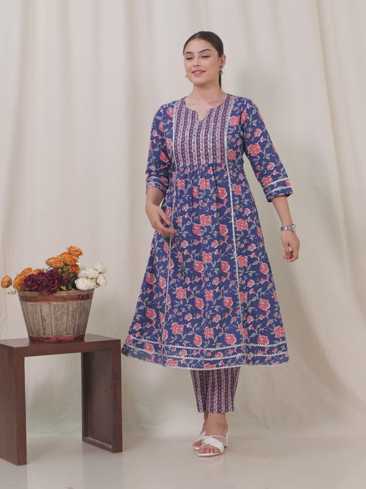 Soft Cotton Floral Panelled Blue Kurta