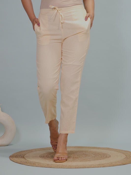 Kantha Cotton Solid Cream Tapered Trousers