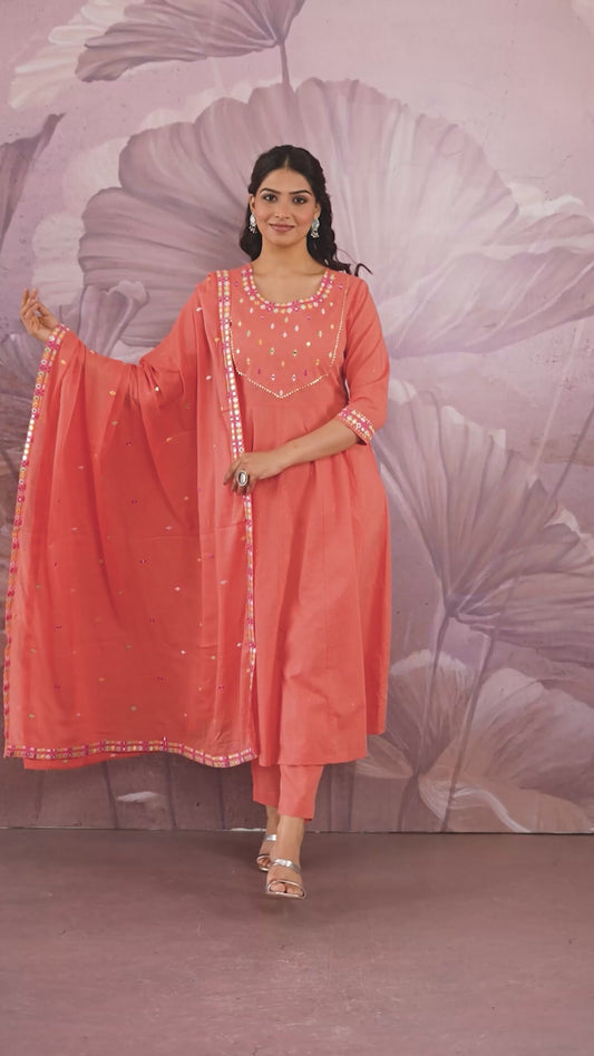 Embroidered Cotton Dobby Solid Anarkali Peach Kurta