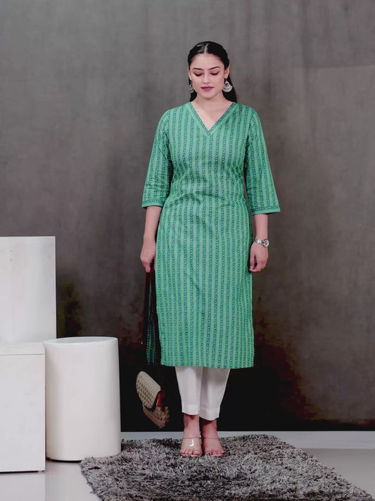 Embroidered Soft Cotton Striped Straight Green Kurta
