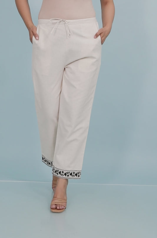Embroidered Linen Cotton Solid Off White Straight Trousers
