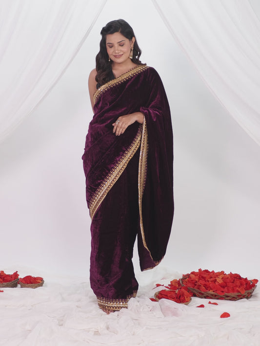 Embroidered Velvet Burgundy Saree