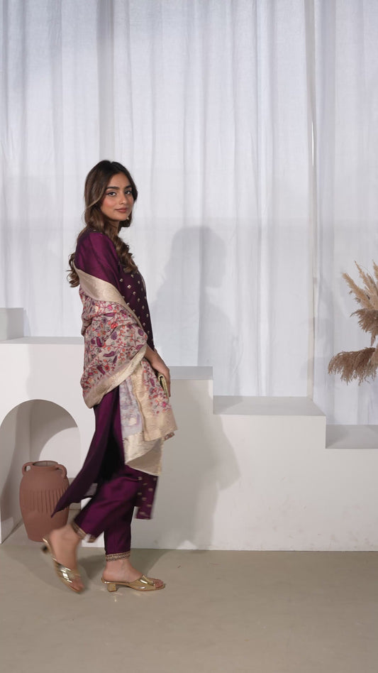 Embroidered Chanderi Solid Purple Straight Kurta