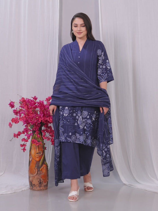 Soft Cotton Placement Print A-line Blue Kurta