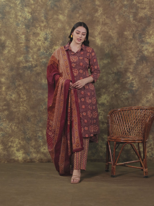 Soft Cotton Floral High Low Brown Kurta
