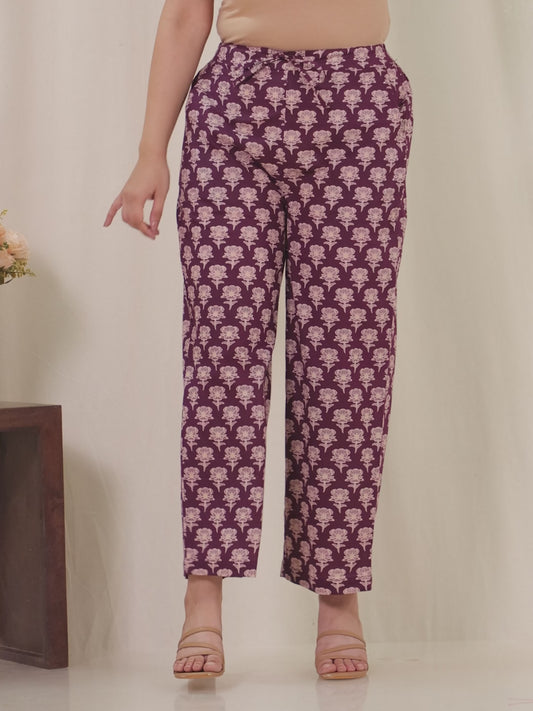 Soft Cotton Floral Wine Straight Straight Trousers