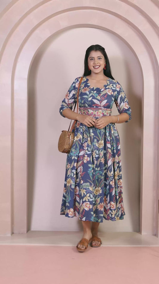 Embroidered Kantha Cotton Floral Flared Blue Dress