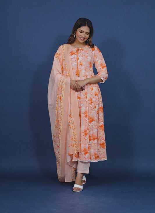 Soft Cotton Floral Flared Peach Kurta