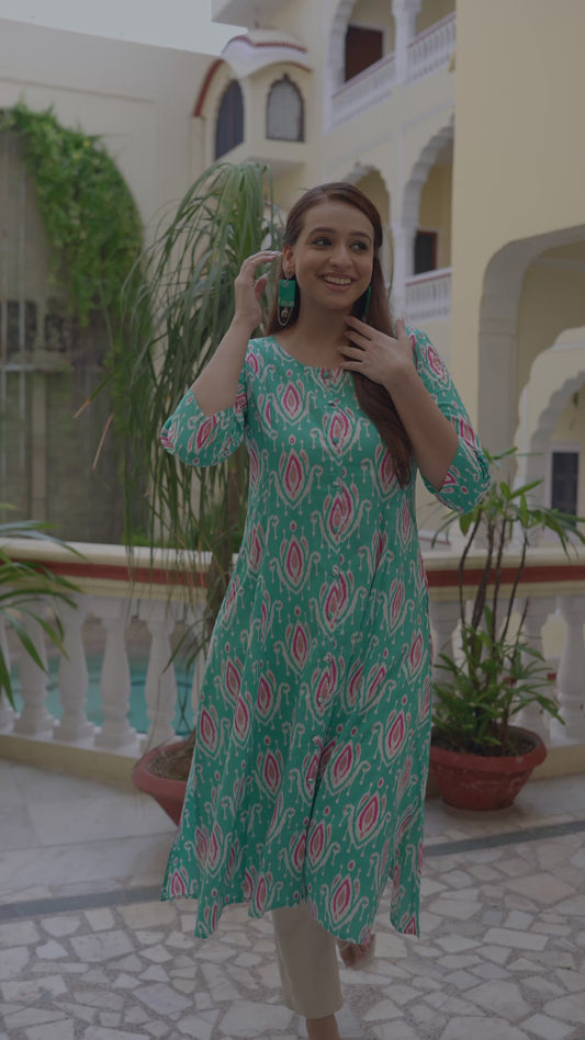 Soft Cotton Ikat A-line Green Kurta