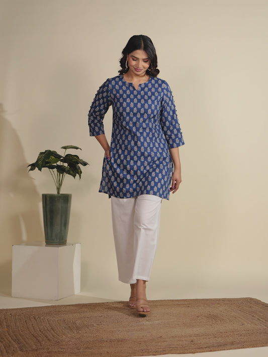 Soft Cotton Floral Straight Blue Kurti