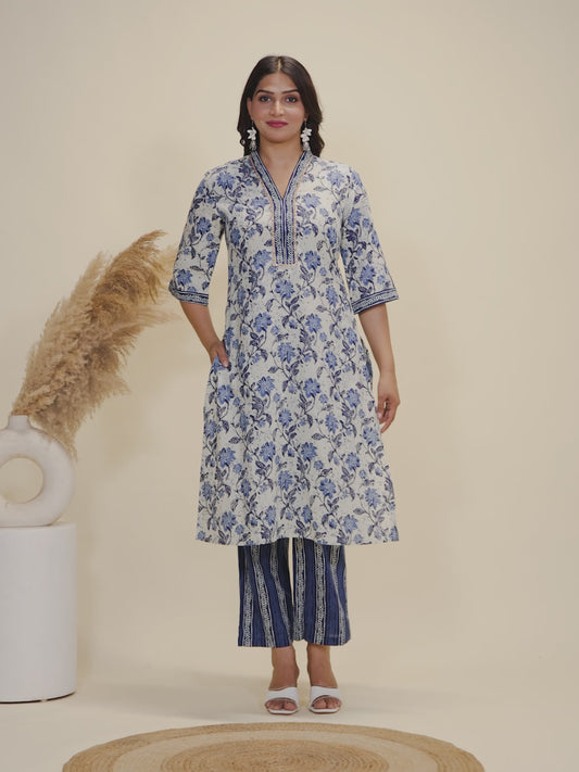 Soft Cotton Floral Straight Blue Kurta