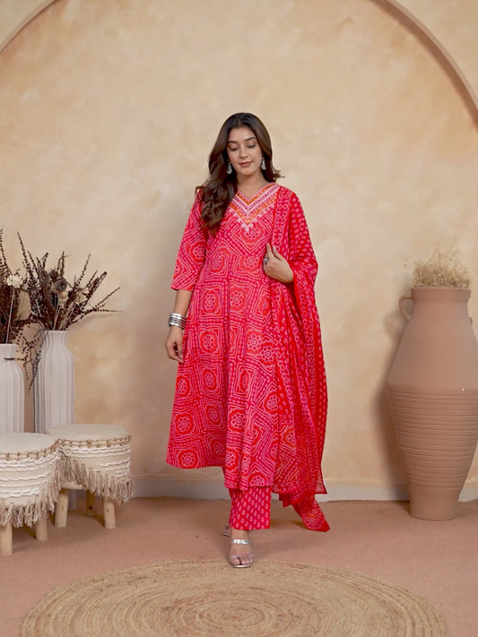 Embroidered Soft Cotton Bandhani Anarkali Red Kurta