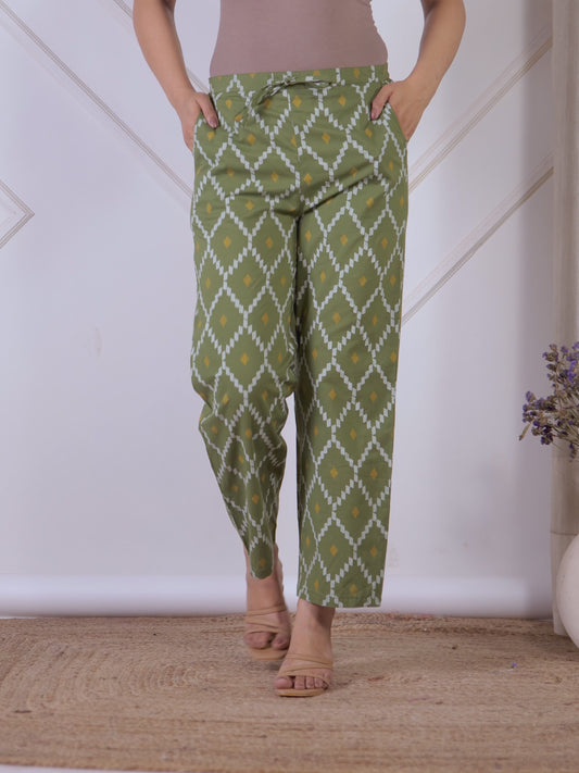 Soft Cotton Geometric Green Straight Trousers