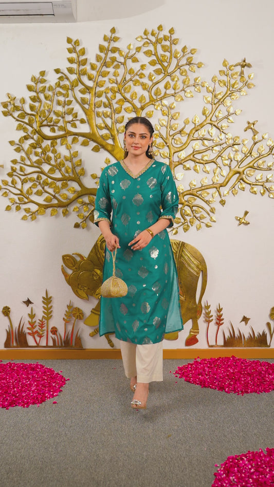 Chanderi Gold foil Straight Teal Kurta