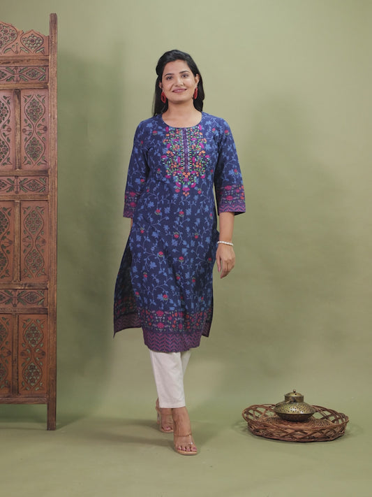 Embroidered Soft Cotton Floral Straight Indigo blue Kurta